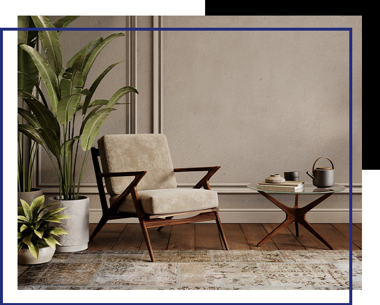 A cozy, mid-century modern reading nook with neutral tones, lush plants, and a warm, inviting atmosphere.